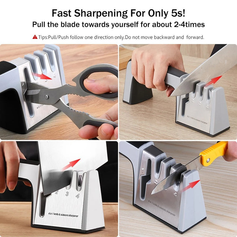 Knife Sharpener 4 in 1 Diamond Coated&Fine Rod Knife Shears and Scissors Sharpening stone System Stainless Steel Blades