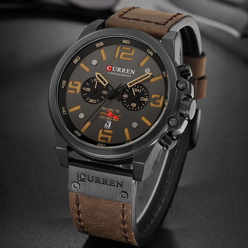 CURREN Mens Watches Top Luxury Brand Waterproof Sport Wrist Watch Chronograph Quartz Military Genuine Leather Relogio Masculino