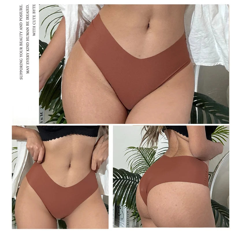 3PCS Women's Seamless Maillard Underwear Sexy V-Shaped Mid Waist Ice Silk Briefs 10 Soild Color Cozy Stretch Sexy Underpant S-XL