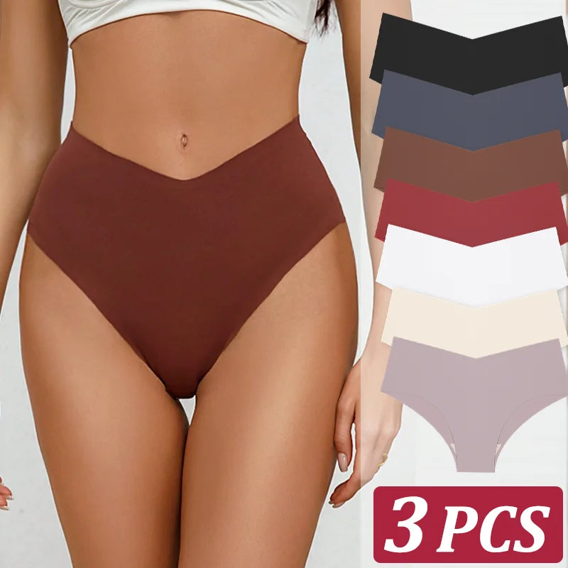 3PCS Women's Seamless Maillard Underwear Sexy V-Shaped Mid Waist Ice Silk Briefs 10 Soild Color Cozy Stretch Sexy Underpant S-XL